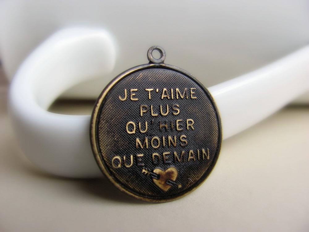 1 Solid Brass French Pendant, Hand Antiqued