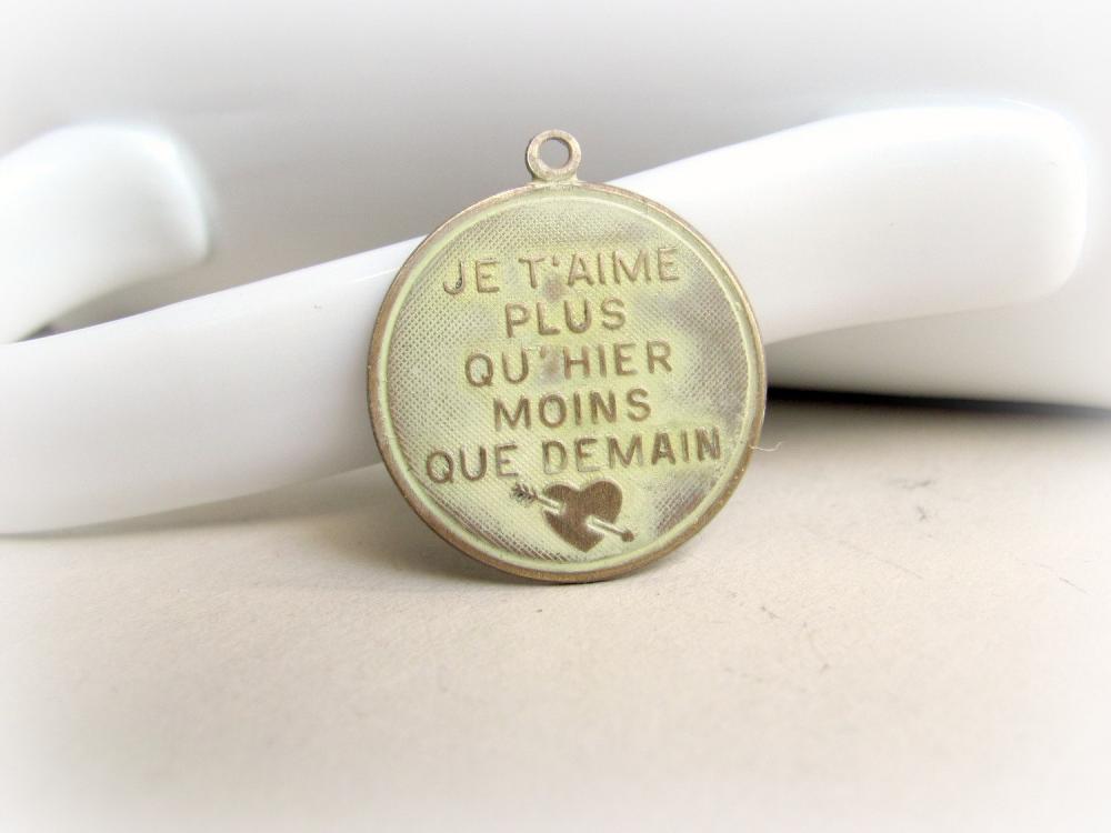 Hand Patina Cream French Pendant, Brass Pendant