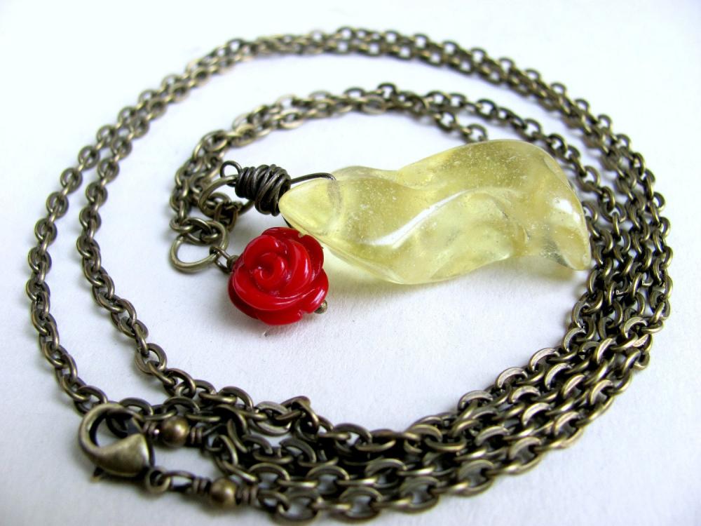 Amber Necklace Antiqued Brass Red Coral