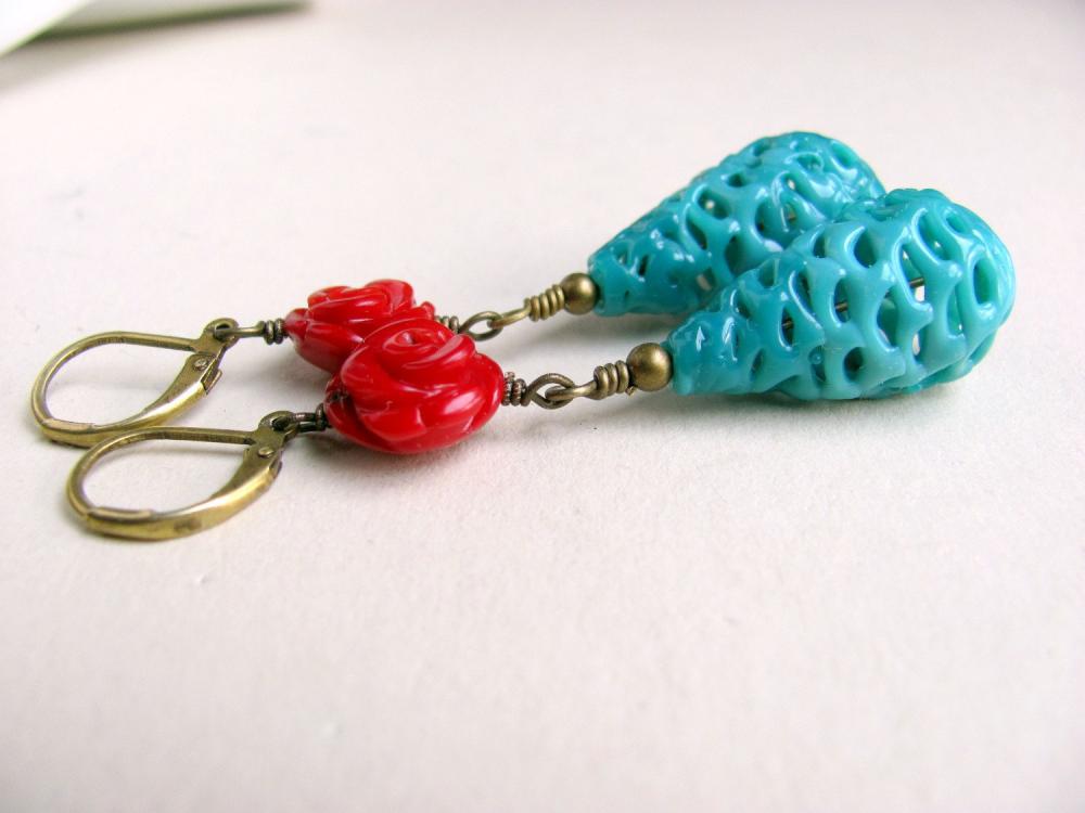 Earrings Vintage Red and Blue Retro