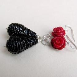Sterling Silver Vintage Lace Black Bead and Natural Coral Earrings